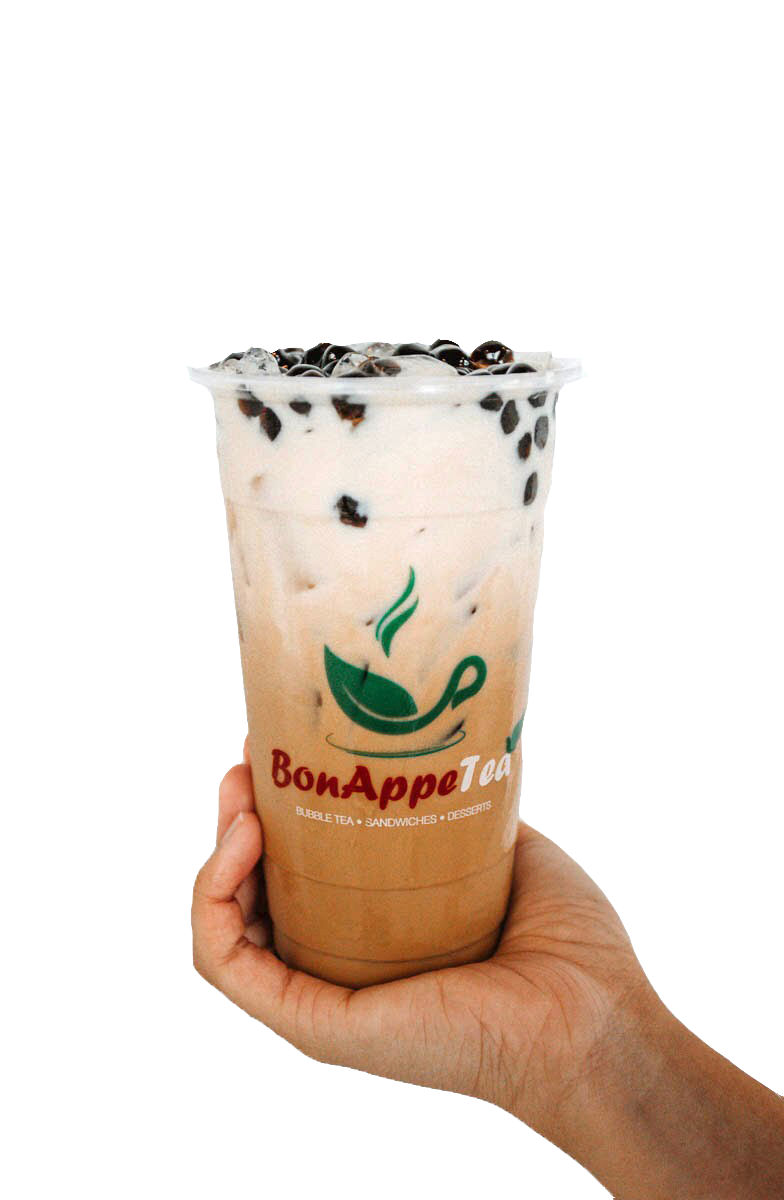 BonAppeTea iced milk tea with boba, held in a hand